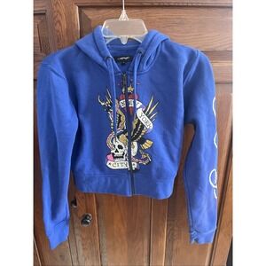 Don Ed Hardy NYC "Flying Skull" Cropped Full-Zip Blue Hoodie Size Medium Youth